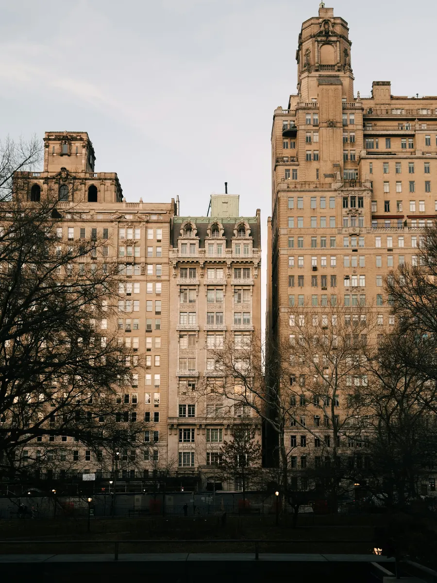 Two tall pre-war apartment towers with stone detailing and a copper-roofed turret rising behind bare winter trees